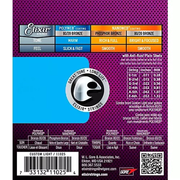 Струни Elixir 11025 POLYWEB 80/20 Bronze 11-52 Custom Light