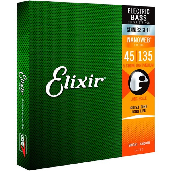 Струни Elixir 14782 NANOWEB Stainless Steel Bass 45-135 Light/Medium 5-string