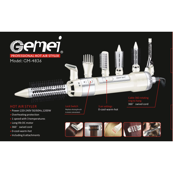 Фен-стайлер для волосся 7в1 Gemei GM-4836 Білий з рожевим