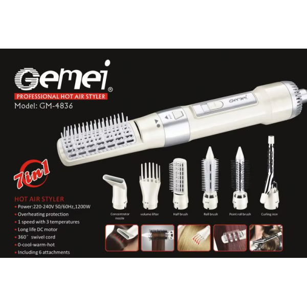Фен-стайлер для волосся 7в1 Gemei GM-4836 Білий з рожевим