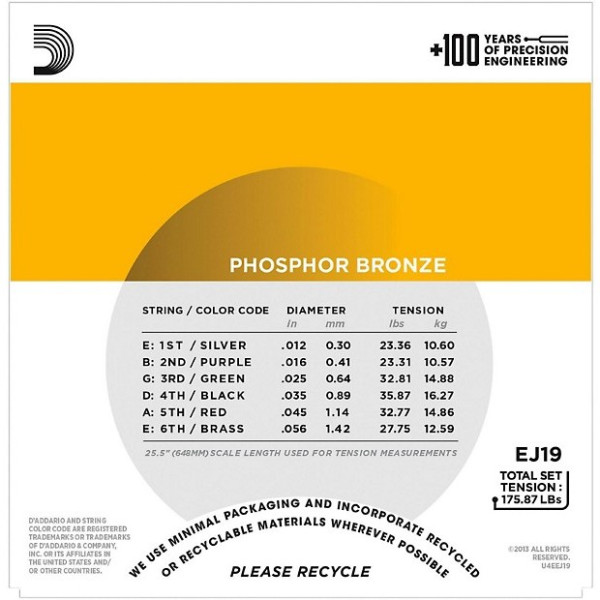 Струни DAddario EJ19 Phosphor Bronze 12-56 Bluegrass Medium Light