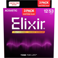 Струны Elixir 16569 Nanoweb Phosphor Bronze 12-53 Light Bonus pack (3 pack)