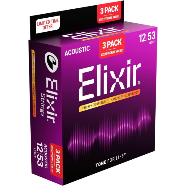 Струни Elixir 16569 Nanoweb Phosphor Bronze 12-53 Light Bonus pack (3 pack)