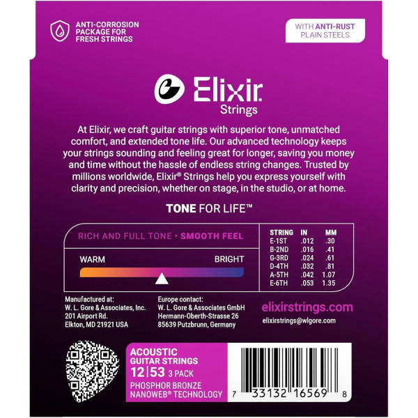 Струни Elixir 16569 Nanoweb Phosphor Bronze 12-53 Light Bonus pack (3 pack)