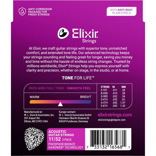 Струни Elixir 16568 Nanoweb Phosphor Bronze 11-52 Custom Light Bonus pack (3 pack)