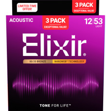 Струни Elixir 16565 Nanoweb 80/20 Bronze 12-53 Light Bonus pack (3 pack)