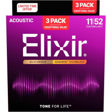 Струни Elixir 16564 Nanoweb 80/20 Bronze 11-52 Custom Light Bonus pack (3 pack)