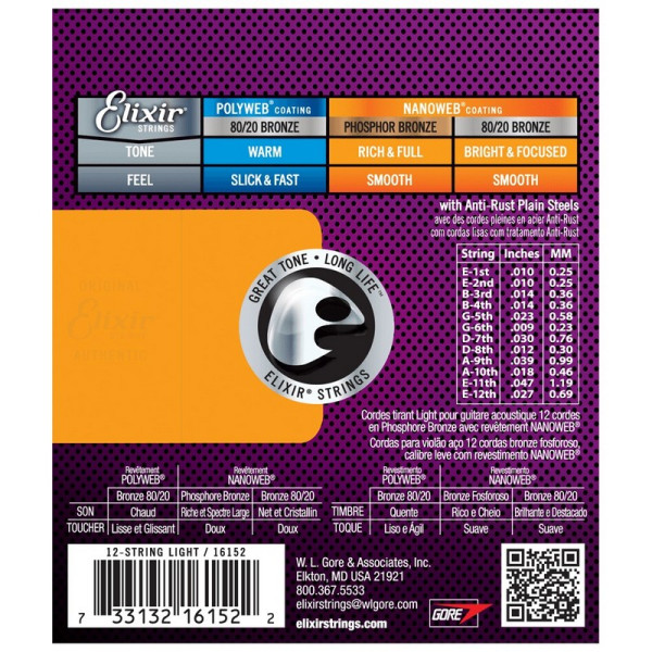 Струни Elixir 16152 NANOWEB Phosphor Bronze 10-47 12-string Light