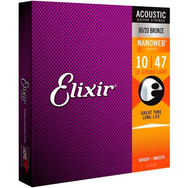Струни Elixir 11152 NANOWEB 80/20 Bronze 10-47 12-string Light