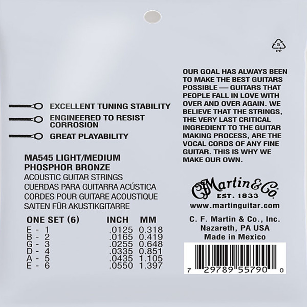 Струни Martin MA545 SP Phosphor Bronze Authentic 12.5-55 Light/Medium
